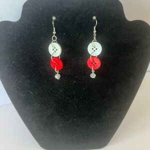 WI Badger Red & White Button Earrings with Clear Crystal Dangle